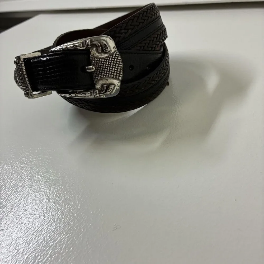 Brighton Leather Belt Mens 38 Black Braided Woven Western Silver Buckle Onyx